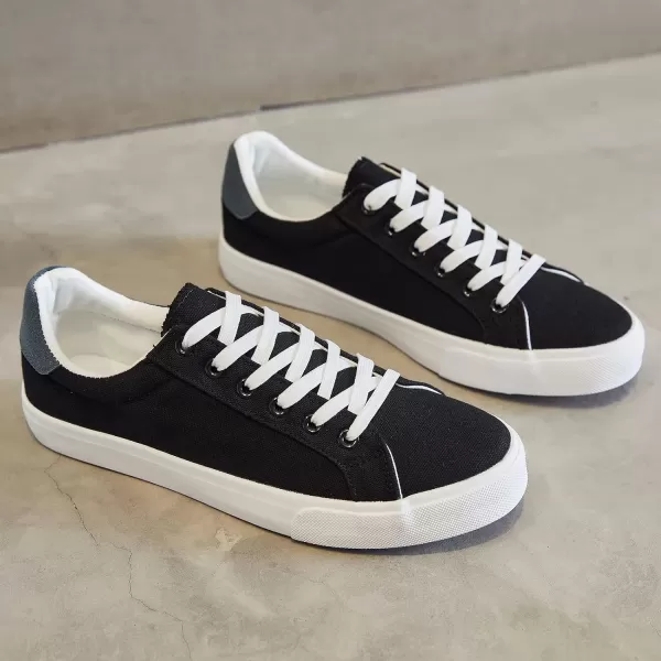 FRACORA Mens Canvas Shoes White Black Sneakers Low Top Lace Up Casual Shoes