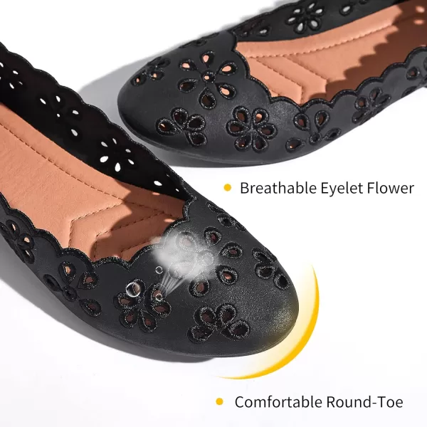FRACORA Women's Ballet Flats Black PU Leather Dress Shoes Comfortable Round Toe Slip on Flats with Breathable Eyelets