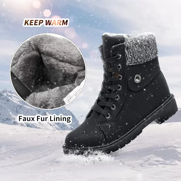 FRACORA Women's PU Leather Combat Boots Warm Fur Lined Black Ankle Booties Side Zipper White Boots Non-slip Winter Boots
