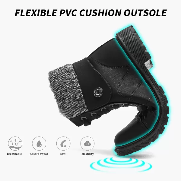 FRACORA Women's PU Leather Combat Boots Warm Fur Lined Black Ankle Booties Side Zipper White Boots Non-slip Winter Boots