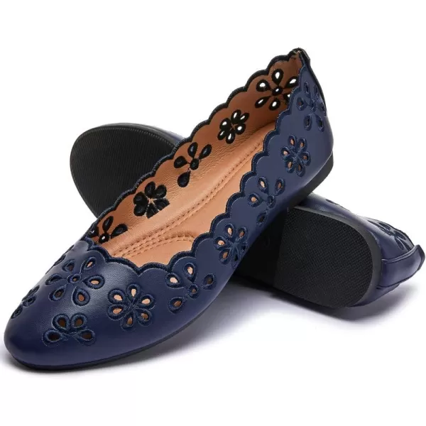 FRACORA Women's Ballet Flats Black PU Leather Dress Shoes Comfortable Round Toe Slip on Flats with Breathable Eyelets