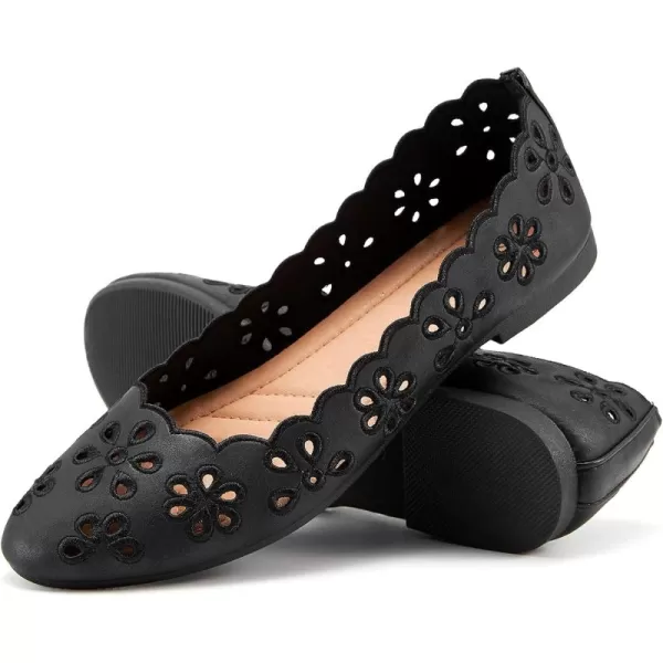 FRACORA Women's Ballet Flats Black PU Leather Dress Shoes Comfortable Round Toe Slip on Flats with Breathable Eyelets