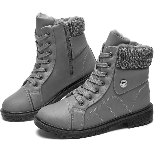 FRACORA Women's PU Leather Combat Boots Warm Fur Lined Black Ankle Booties Side Zipper White Boots Non-slip Winter Boots