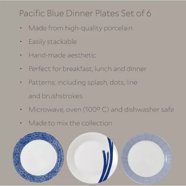 Royal Doulton Pacific Mixed Patterns Dinner Plates, 11.4", Blue/White, Set of 6