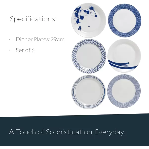 Royal Doulton Pacific Mixed Patterns Dinner Plates, 11.4", Blue/White, Set of 6