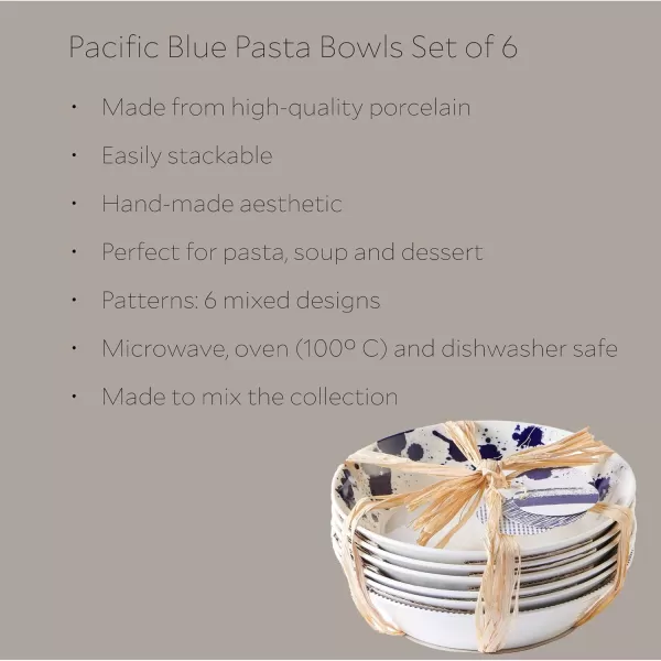 Royal Doulton Porcelain Pacific Mixed Patterns Set of 6 Pasta Bowls, 22cm, Blue