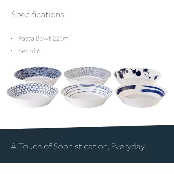 Royal Doulton Porcelain Pacific Mixed Patterns Set of 6 Pasta Bowls, 22cm, Blue