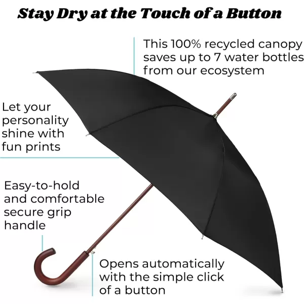 Totes Eco Auto Open Umbrella Classic Wooden J Stick Handle with Easy Grip - Windproof, Rainproof and Durable Canopy Design – Versatile Travel, Perfect for Rainy Days