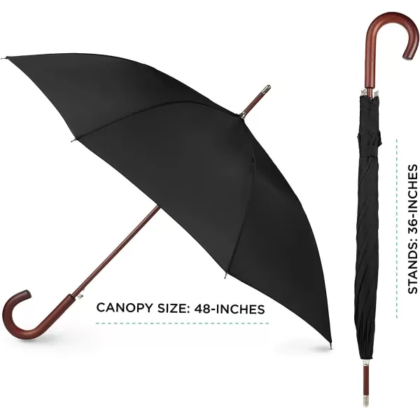 Totes Eco Auto Open Umbrella Classic Wooden J Stick Handle with Easy Grip - Windproof, Rainproof and Durable Canopy Design – Versatile Travel, Perfect for Rainy Days