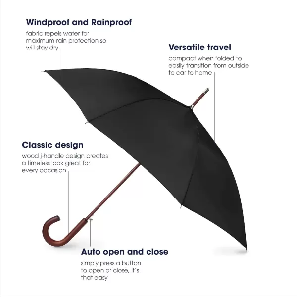 Totes Eco Auto Open Umbrella Classic Wooden J Stick Handle with Easy Grip - Windproof, Rainproof and Durable Canopy Design – Versatile Travel, Perfect for Rainy Days