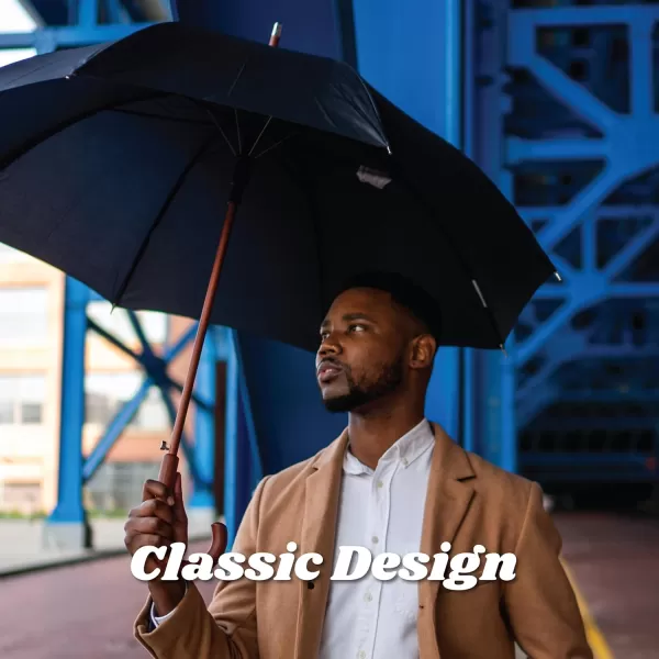 Totes Eco Auto Open Umbrella Classic Wooden J Stick Handle with Easy Grip - Windproof, Rainproof and Durable Canopy Design – Versatile Travel, Perfect for Rainy Days