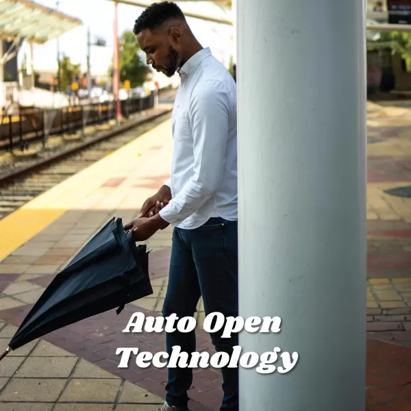 Totes Eco Auto Open Umbrella Classic Wooden J Stick Handle with Easy Grip - Windproof, Rainproof and Durable Canopy Design – Versatile Travel, Perfect for Rainy Days