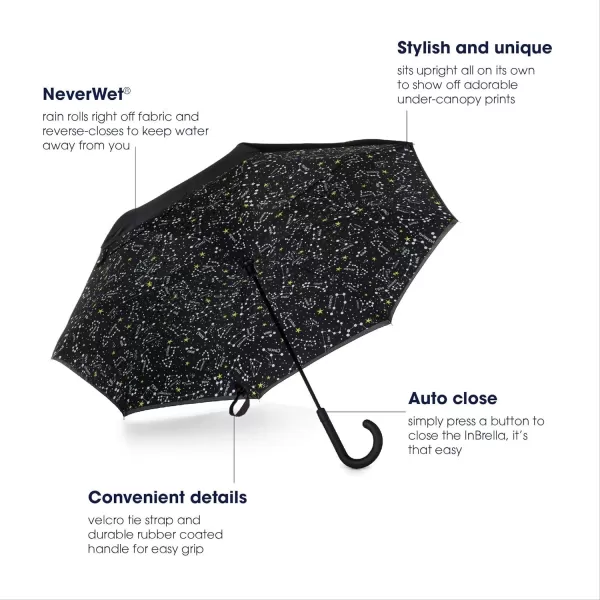Totes InBrella - Reverse Close Umbrella with Invisible Water Repellent Coating - Auto Close, Inverted, Dripless, and Stormproof for Rainy Weather