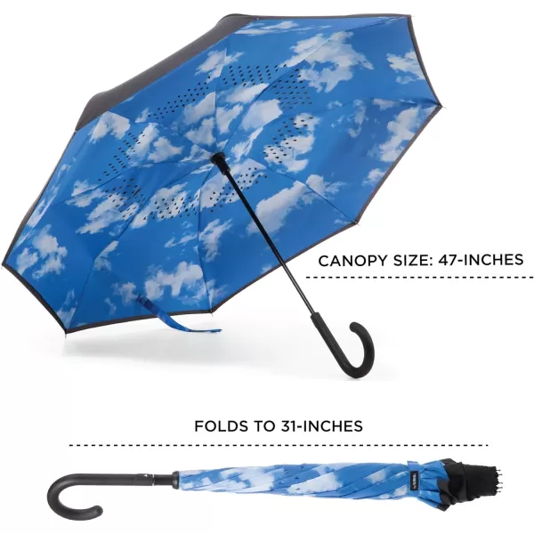 Totes InBrella - Reverse Close Umbrella with Invisible Water Repellent Coating - Auto Close, Inverted, Dripless, and Stormproof for Rainy Weather