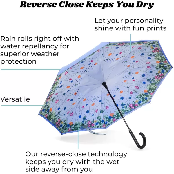 Totes InBrella - Reverse Close Umbrella with Invisible Water Repellent Coating - Auto Close, Inverted, Dripless, and Stormproof for Rainy Weather