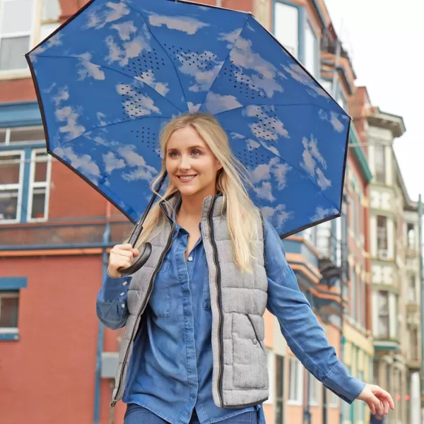 Totes InBrella - Reverse Close Umbrella with Invisible Water Repellent Coating - Auto Close, Inverted, Dripless, and Stormproof for Rainy Weather