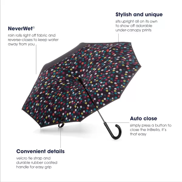 Totes InBrella - Reverse Close Umbrella with Invisible Water Repellent Coating - Auto Close, Inverted, Dripless, and Stormproof for Rainy Weather