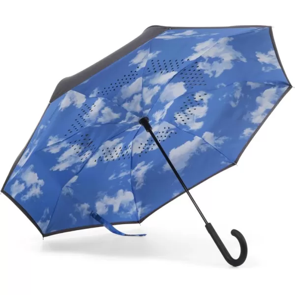Totes InBrella - Reverse Close Umbrella with Invisible Water Repellent Coating - Auto Close, Inverted, Dripless, and Stormproof for Rainy Weather