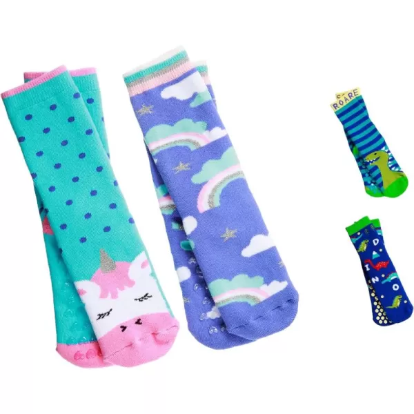 totes Girls Boys Kids Cozy Warm Soft Toddler Child Slipper Sock with Non-Slip Grips and Fun Cute Dino/Unicorn design, 2 Pack