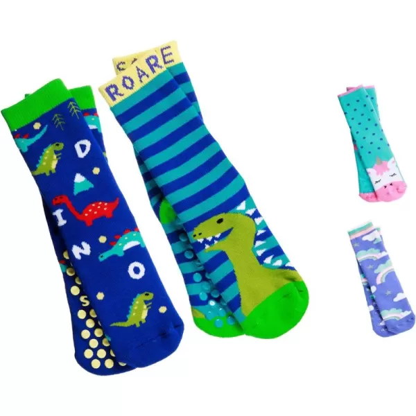 totes Girls Boys Kids Cozy Warm Soft Toddler Child Slipper Sock with Non-Slip Grips and Fun Cute Dino/Unicorn design, 2 Pack