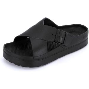 image:imagetotes womens Everywear Lightweight Waterproof Adjustable Cross Buckle Slide SandalBlack