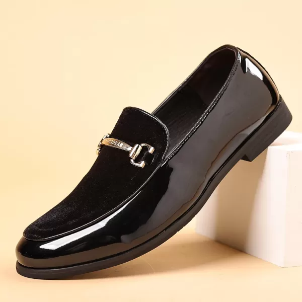 COSIDRAM Mens Casual Shoes Fashion Velvet Patent Leather Loafers Classic Gold Buckle Business Party ShoesABlack