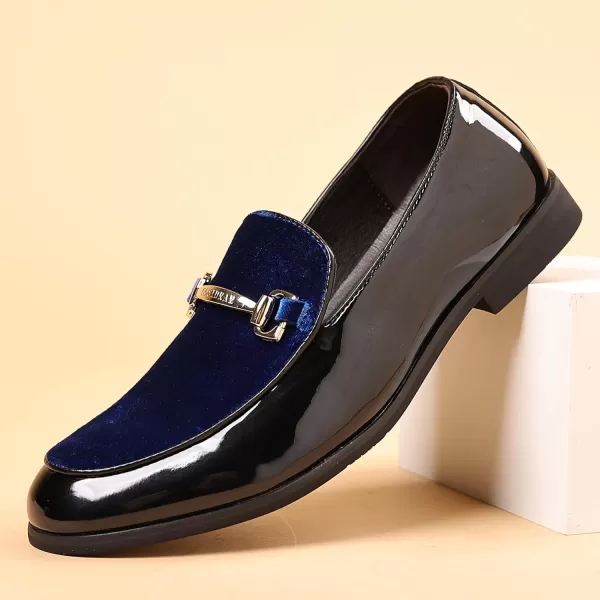 COSIDRAM Mens Casual Shoes Fashion Velvet Patent Leather Loafers Classic Gold Buckle Business Party ShoesABlue