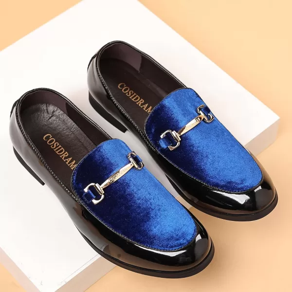 COSIDRAM Mens Casual Shoes Fashion Velvet Patent Leather Loafers Classic Gold Buckle Business Party ShoesABlue