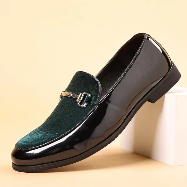 COSIDRAM Mens Casual Shoes Fashion Velvet Patent Leather Loafers Classic Gold Buckle Business Party ShoesAGreen