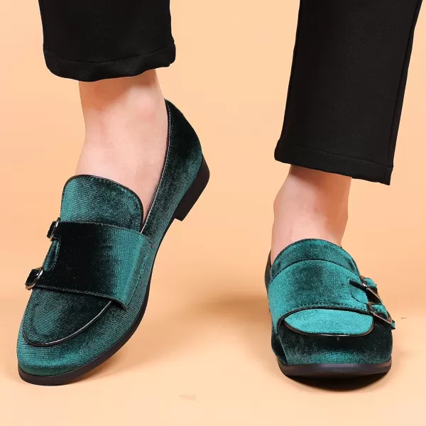 COSIDRAM Mens Dress Shoes Velvet Loafers Double Monk Strap Vintage Fashion Slipon Suede LoafersAGreen