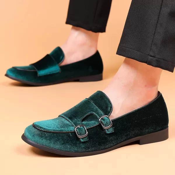COSIDRAM Mens Dress Shoes Velvet Loafers Double Monk Strap Vintage Fashion Slipon Suede LoafersAGreen