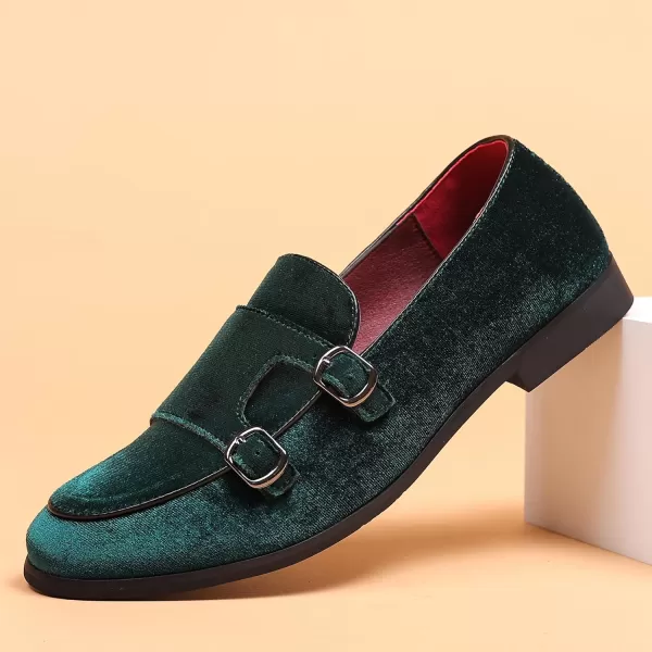 COSIDRAM Mens Dress Shoes Velvet Loafers Double Monk Strap Vintage Fashion Slipon Suede LoafersAGreen