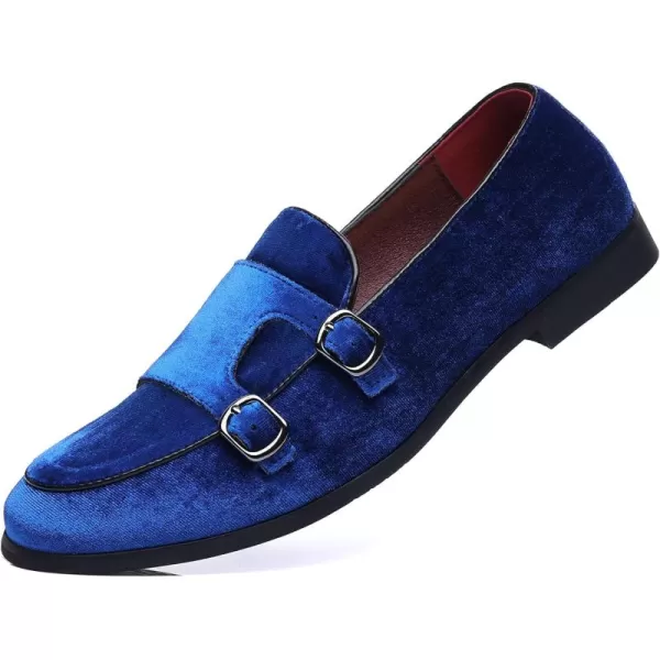 COSIDRAM Mens Dress Shoes Velvet Loafers Double Monk Strap Vintage Fashion Slipon Suede LoafersABlue