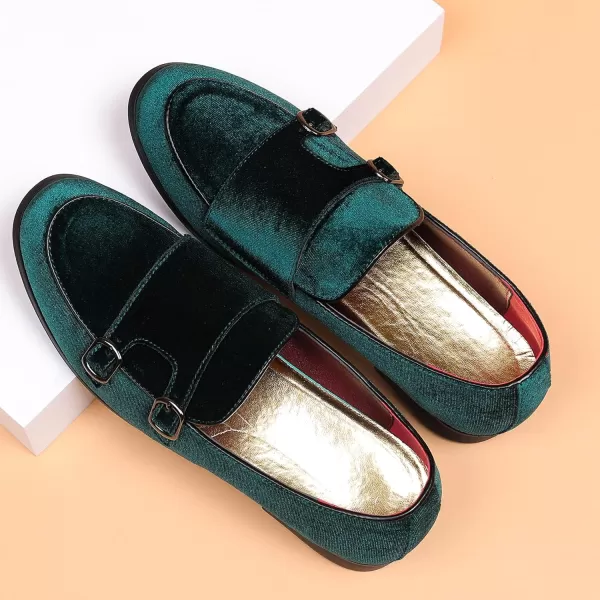 COSIDRAM Mens Dress Shoes Velvet Loafers Double Monk Strap Vintage Fashion Slipon Suede LoafersAGreen