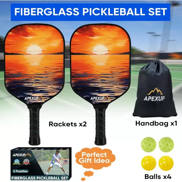 APEXUP Fiberglass Pickleball Paddles Premium Pickleball Paddles Set of 2 Pickle Ball Set with Ergonomic Cushion Grip 2 Pickleball Rackets 4 Pickleball 1 Portable BagSetting Sun