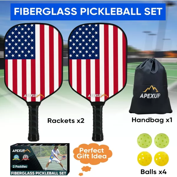 APEXUP Fiberglass Pickleball Paddles Premium Pickleball Paddles Set of 2 Pickle Ball Set with Ergonomic Cushion Grip 2 Pickleball Rackets 4 Pickleball 1 Portable BagFlag