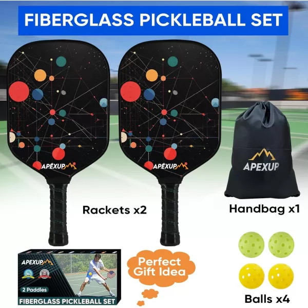 APEXUP Fiberglass Pickleball Paddles Premium Pickleball Paddles Set of 2 Pickle Ball Set with Ergonomic Cushion Grip 2 Pickleball Rackets 4 Pickleball 1 Portable BagColored ball