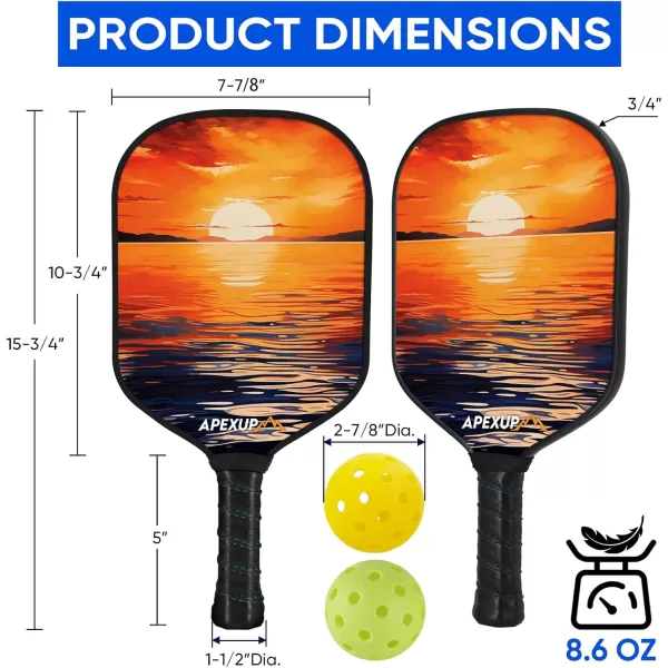 APEXUP Fiberglass Pickleball Paddles Premium Pickleball Paddles Set of 2 Pickle Ball Set with Ergonomic Cushion Grip 2 Pickleball Rackets 4 Pickleball 1 Portable BagSetting Sun