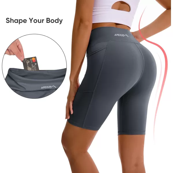 APEXUP Workout Shorts 8quot Biker Shorts Women High Waist Spandex Yoga Shorts with Side ampamp Inner PocketsCharcoal1pk
