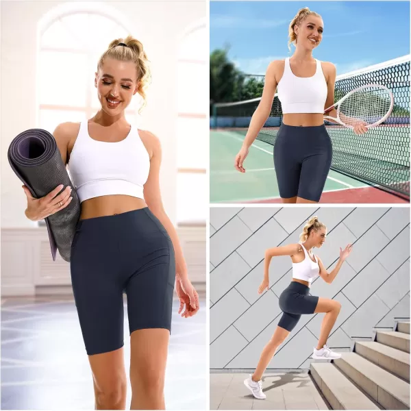 APEXUP Workout Shorts 8quot Biker Shorts Women High Waist Spandex Yoga Shorts with Side ampamp Inner PocketsNavy1pk