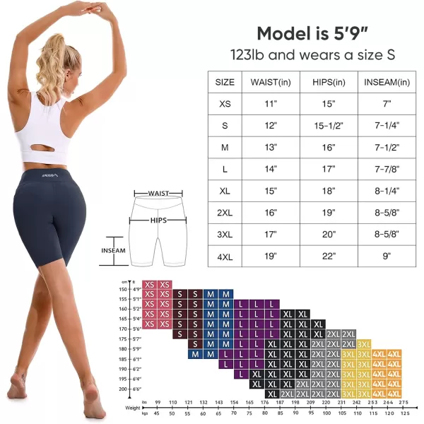 APEXUP Workout Shorts 8quot Biker Shorts Women High Waist Spandex Yoga Shorts with Side ampamp Inner PocketsNavy1pk