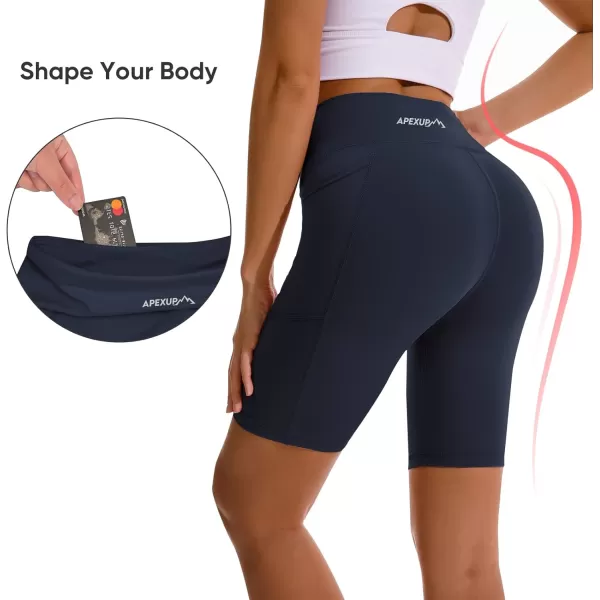 APEXUP Workout Shorts 8quot Biker Shorts Women High Waist Spandex Yoga Shorts with Side ampamp Inner PocketsNavy1pk