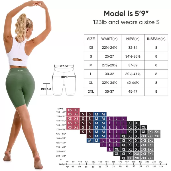 APEXUP Workout Shorts 8quot Biker Shorts Women High Waist Spandex Yoga Shorts with Side ampamp Inner PocketsOlive Green