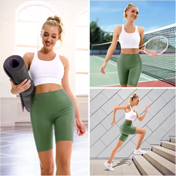 APEXUP Workout Shorts 8quot Biker Shorts Women High Waist Spandex Yoga Shorts with Side ampamp Inner PocketsOlive Green