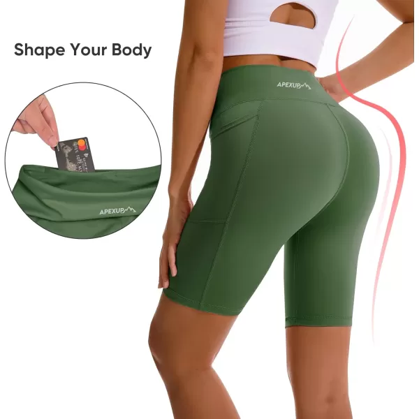 APEXUP Workout Shorts 8quot Biker Shorts Women High Waist Spandex Yoga Shorts with Side ampamp Inner PocketsOlive Green