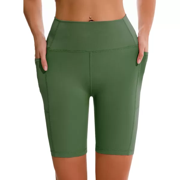 APEXUP Workout Shorts 8quot Biker Shorts Women High Waist Spandex Yoga Shorts with Side ampamp Inner PocketsOlive Green