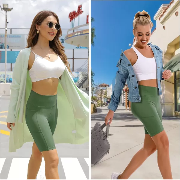 APEXUP Workout Shorts 8quot Biker Shorts Women High Waist Spandex Yoga Shorts with Side ampamp Inner PocketsOlive Green