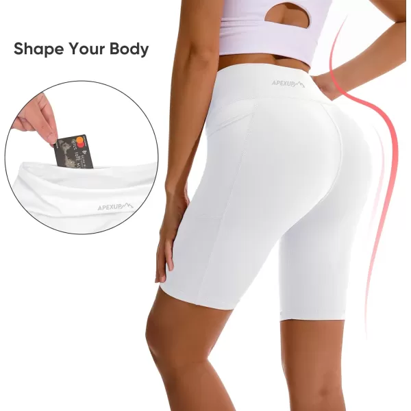 APEXUP Workout Shorts 8quot Biker Shorts Women High Waist Spandex Yoga Shorts with Side ampamp Inner PocketsWhite1pk