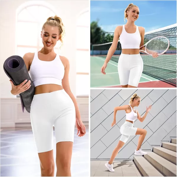 APEXUP Workout Shorts 8quot Biker Shorts Women High Waist Spandex Yoga Shorts with Side ampamp Inner PocketsWhite1pk