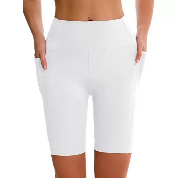 APEXUP Workout Shorts 8quot Biker Shorts Women High Waist Spandex Yoga Shorts with Side ampamp Inner PocketsWhite1pk